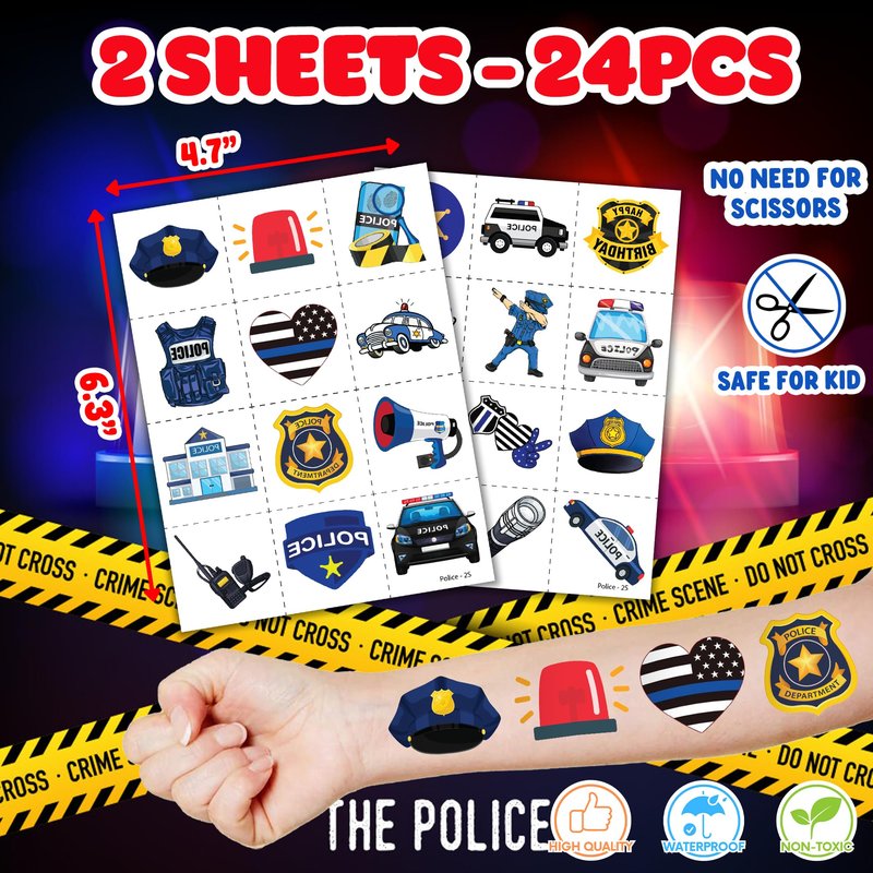 36PCS Police Party Favors - 24PCS Pre-Cut Temporary Tattoos & 12PCS Stamps - Ideal Police Officers Cops Themed Birthday Card Decorations Supplies Goodie Bag Kids Gifts Classroom Rewards Prizes