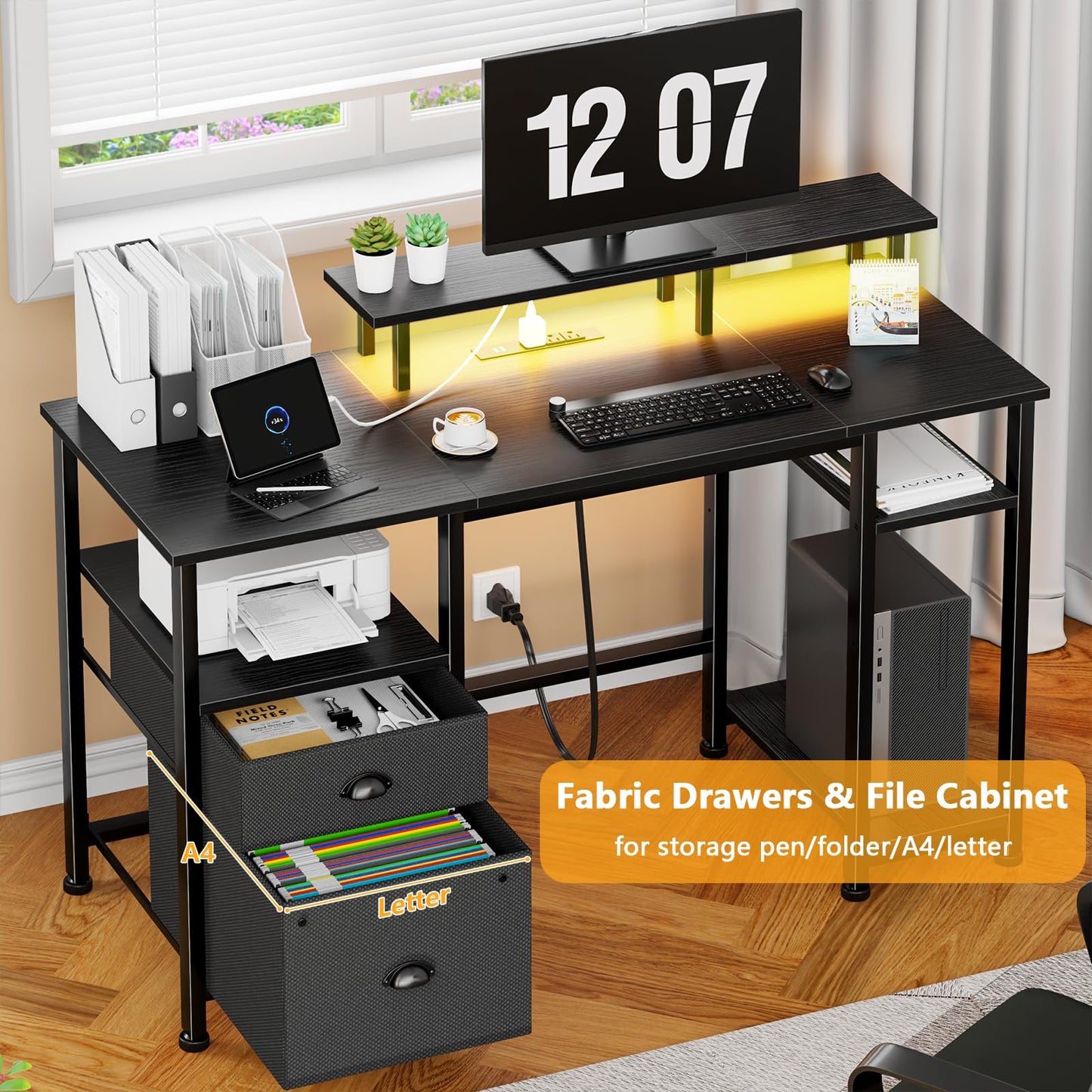 Furologee 51" Computer Desk with Outlet and LED Lights, Gaming Desk with Fabric Drawer, Home Office Table with Adjustable Shelves and Monitor Stand, Writing Study Table for Bedroom, Black