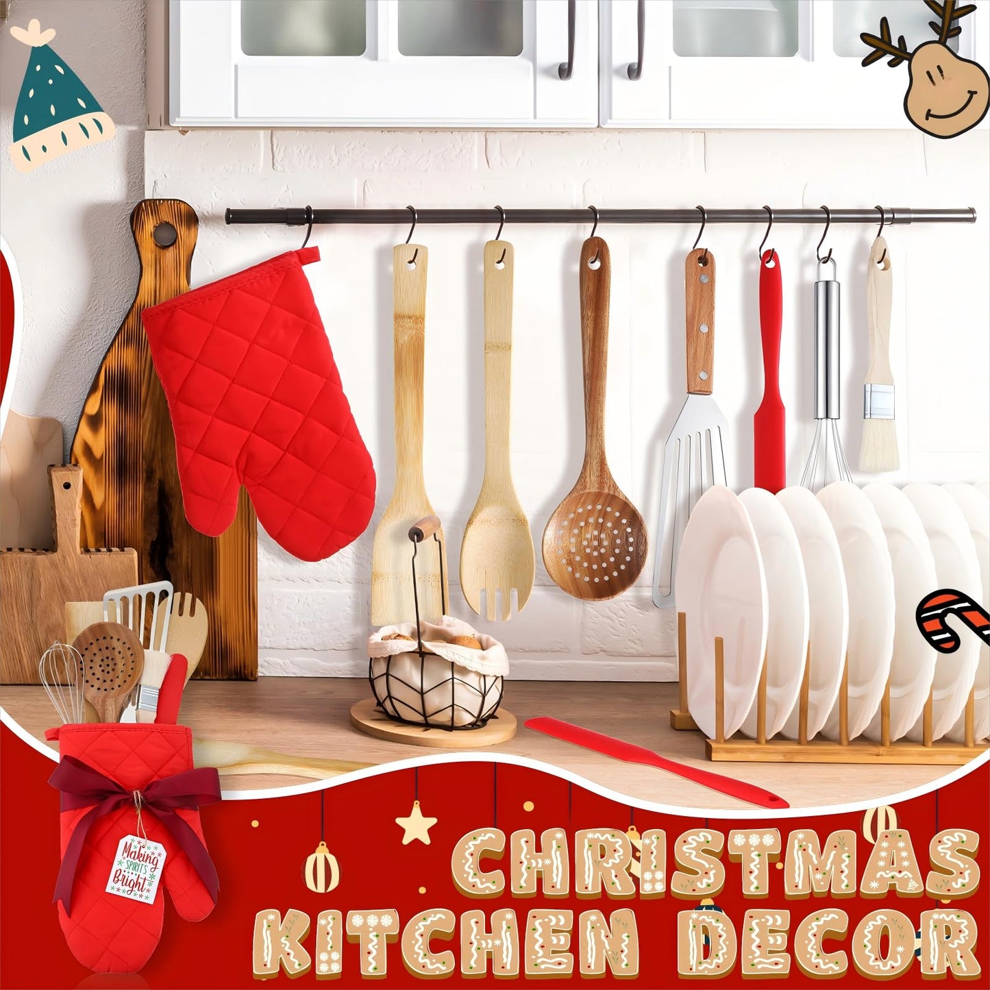 Roshtia 9 Pcs Christmas Kitchen Gift Set Christmas Red Oven Mitts Xmas Supplies with Scrapers Whisks Spatulas Colanders for Xmas Party Decor Friends Family Baking Lover Presents