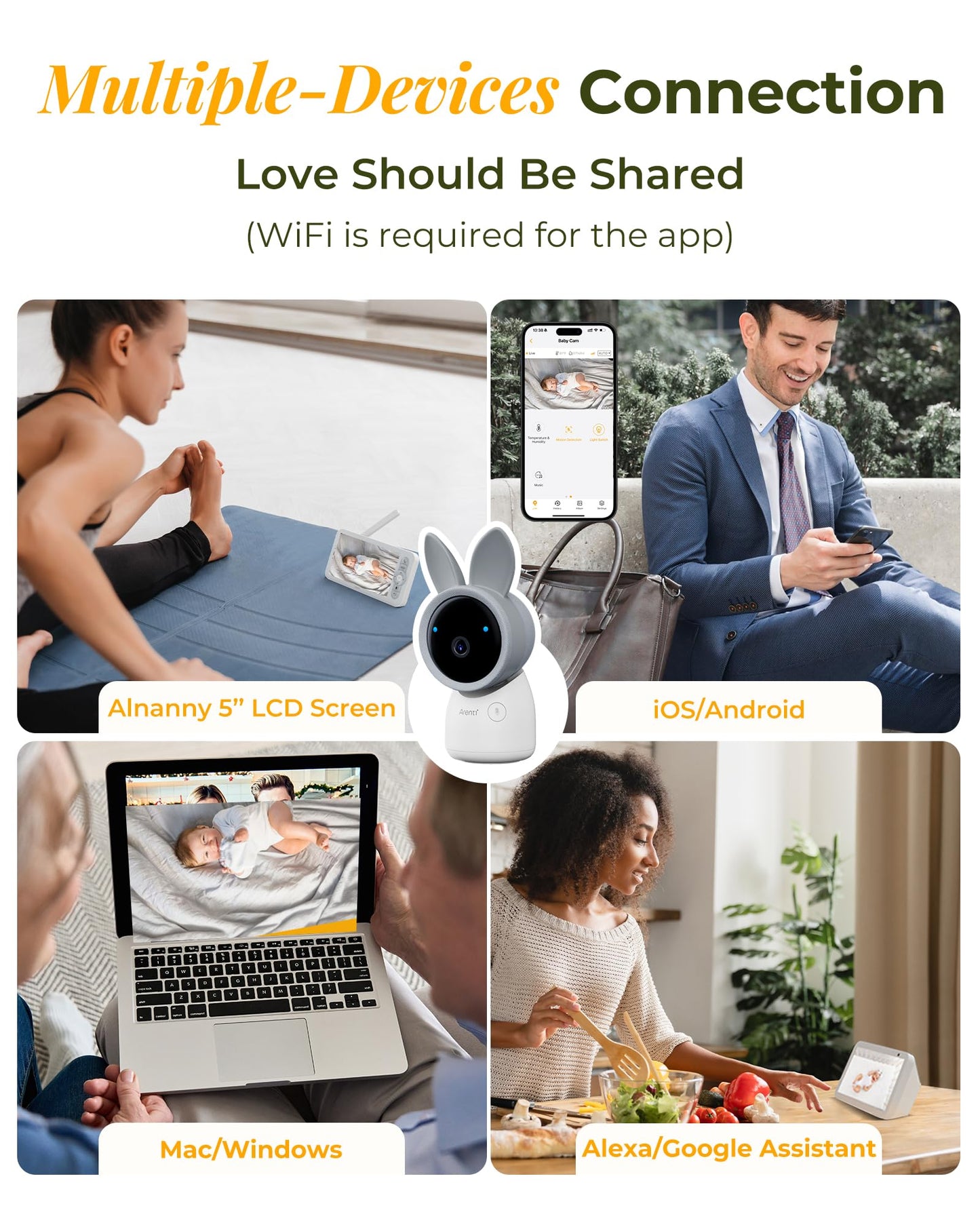 ARENTI Baby Monitor with 2 Cameras, Cry&Motion Detection, 2K Smart Baby Camera with 5'' Upgraded Wireless Display, 2 Way Audio, Super Night Vision, Lullabies, Breathing Light, Temp&Humidity Sensor