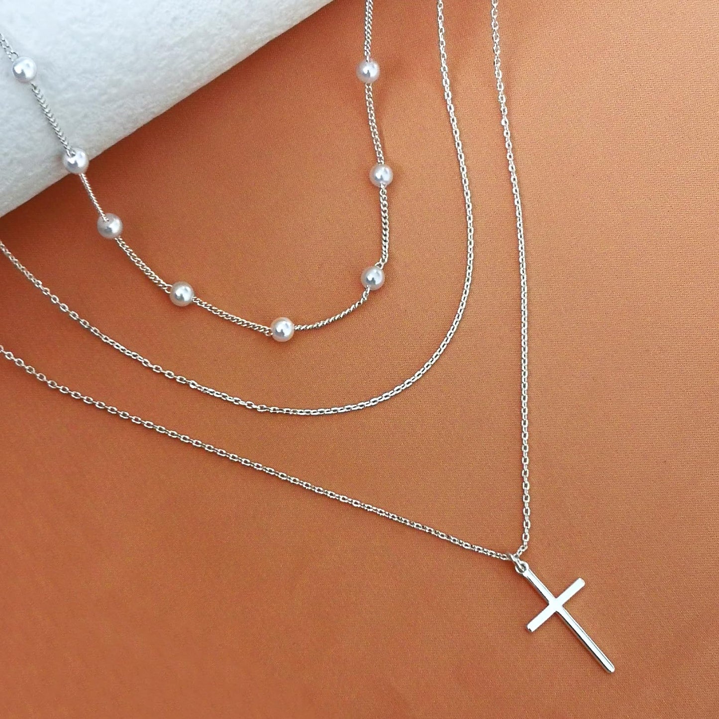 Zeffy Layered Silver Necklaces for Women Dainty Silver Cross Necklace Trendy Pearl Choker Cute Necklace Stack Jewelry Sets for Women Gifts