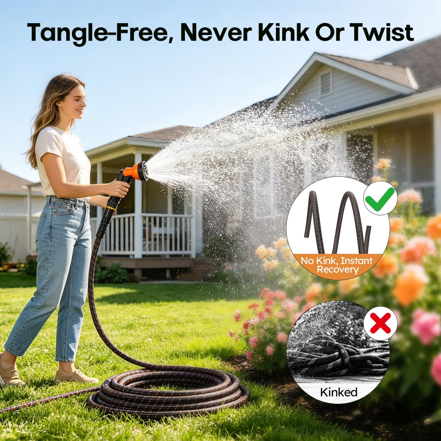 Garden Hose, 3/4" Flexible Water Hose Ultra Lightweight, Non-Expandable with 10 Function Nozzle, Kink-Free, Leak-Proof, 360° Swivel, Abrasion Resistant & Easy to Store for Yard Lawn, Outdoor (100ft)