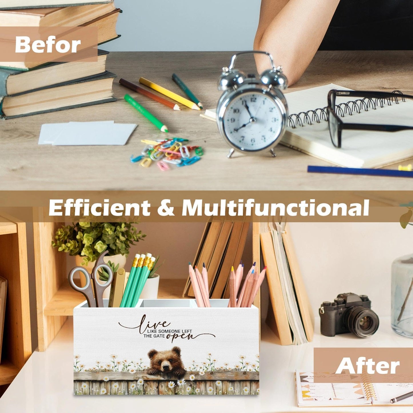DILSJ Bear Inspirational Pen Pencil Holder Organizer for Desk, Bear Gifts for Women Men, Live Like Someone Left the Gate Open Wooden Box Signs for Home Office Desk Tabletop Decoration