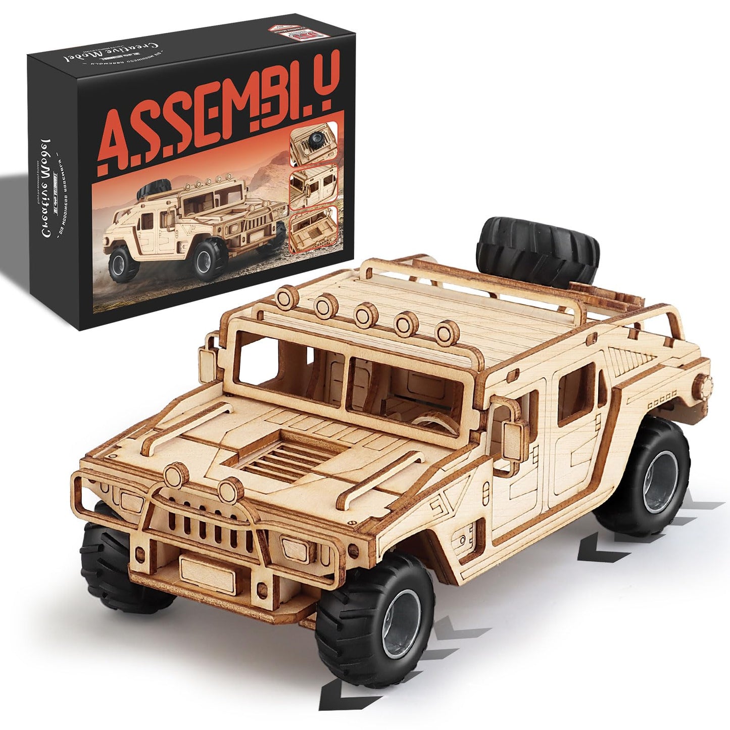 MOCBURIKU 3D Wooden Puzzles Model Car Kits to Build for Adults, DIY Off-Road Cars Building Kits, Brain Teaser Pull Back Toys, Gift for Men Boys on Birthday/Christmas Day (Off-Road Car)