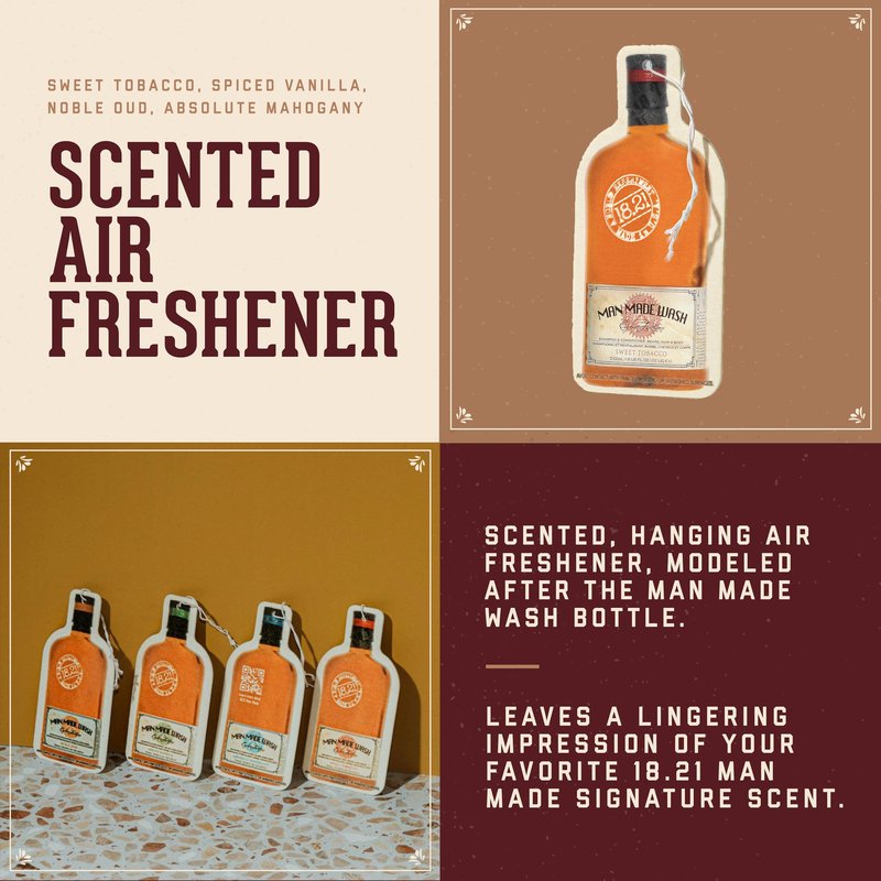 18.21 Man Made Premium Hanging Air Freshener Luxurious Spiced Vanilla Scent, Long Lasting Fragrance for Car, Gym Bag, Travel Luggage or Closet, 1 Count (Pack of 1)