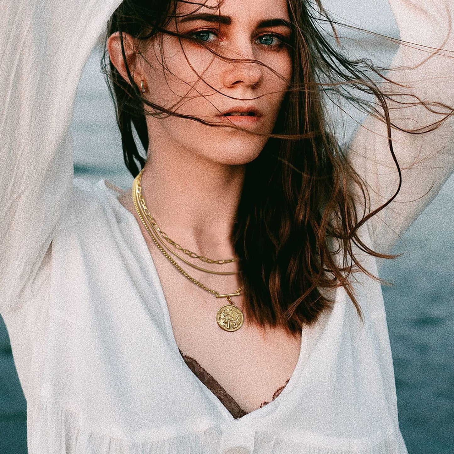 LANE WOODS 18k Gold Plated Necklaces for Women - Stackable Coin Medallion Pendant Necklace Adjustable Layered Choker Necklaces Chain Set Jewelry