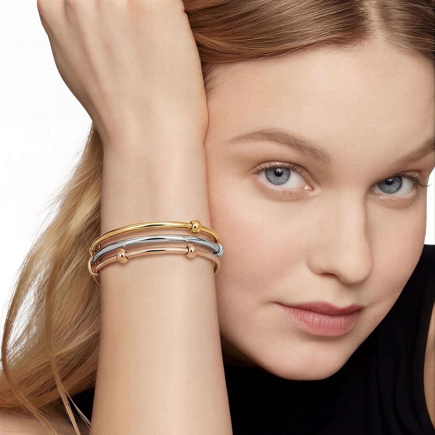 Musishiyu Gold Bracelets for Women Stacking Bangle - 18K Mixed Metal Tri-Color Rolling Interlocking Bands, Cubic Zirconia Fidget Anxiety Jewelry, Perfect Gifts for Mom Wife Grandma