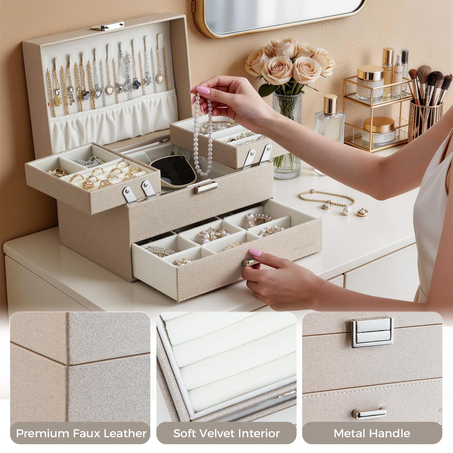 Dajasan Jewelry Organizer Box, Large Jewelry Boxes for Women Girls, Space-Saving 3 Layers Jewelry Storage Case with Drawer, Movable Metal Stand, Modern, Gift Idea (Champagne)