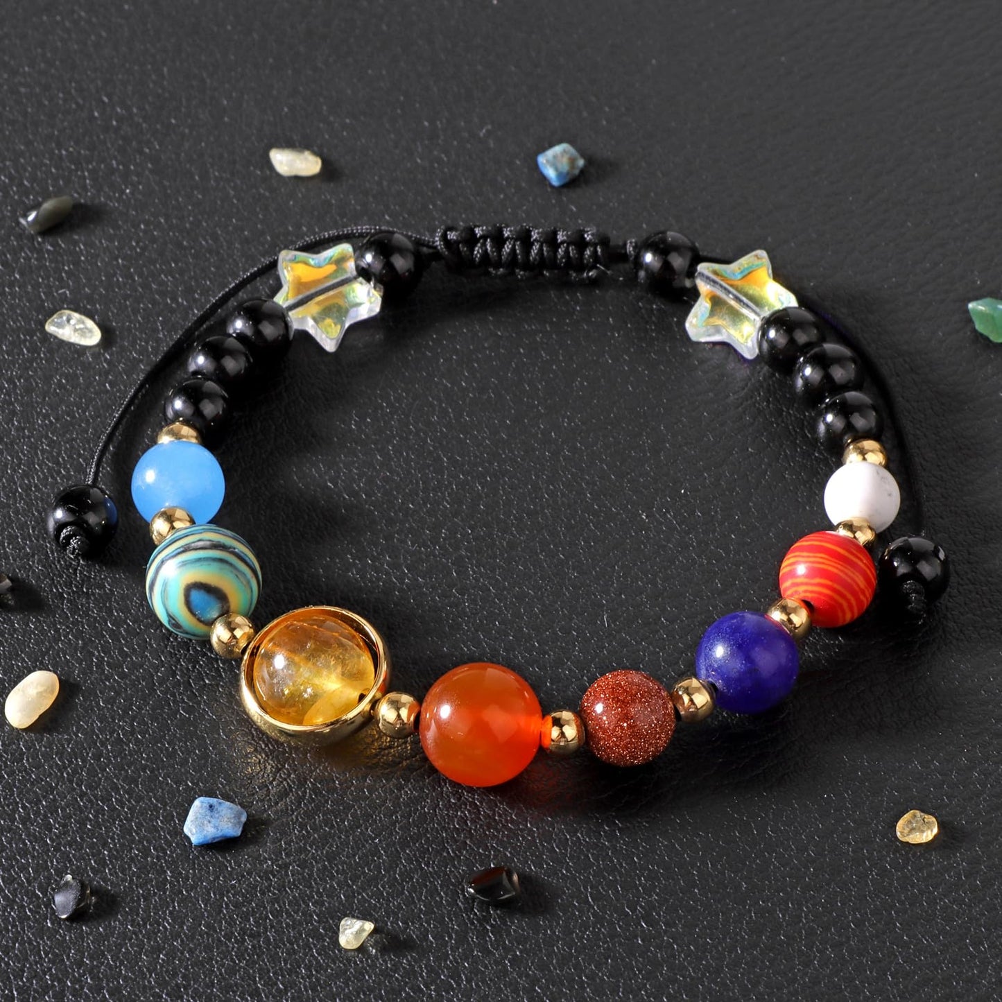 Risyfjew Solar System Eight Planets Guardian Star Bracelet Cosmic Jewelry with Natural Chakra Stones Adjustable Stretch Crystal Bracelet for Men Women Gift for Space Lovers