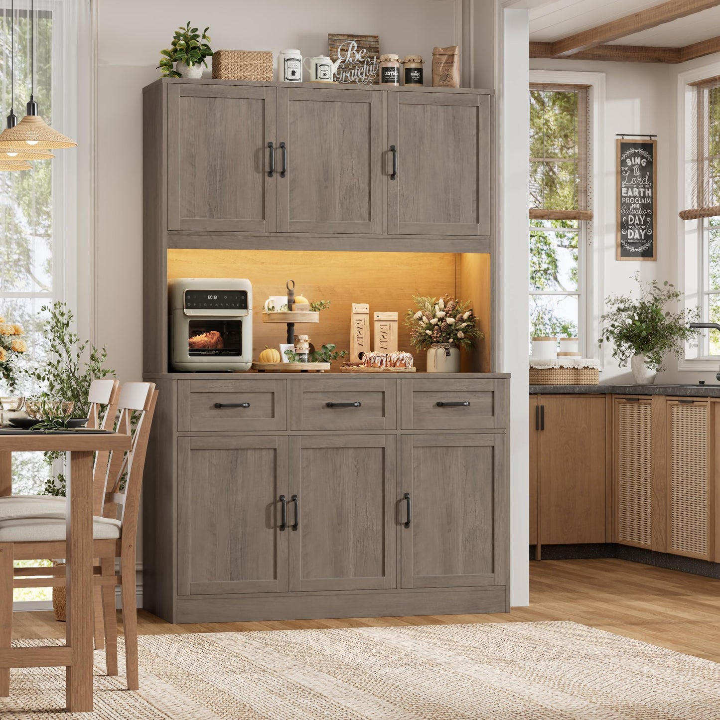 HOSTACK 72" Tall Kitchen Pantry Cabinet with Charing Station | LED Lights, 47" W Kitchen Pantry Storage Cabinet with Countertop, Modern Kitchens Hutch Cabinets with Storage for Dining Room, Ash Gray