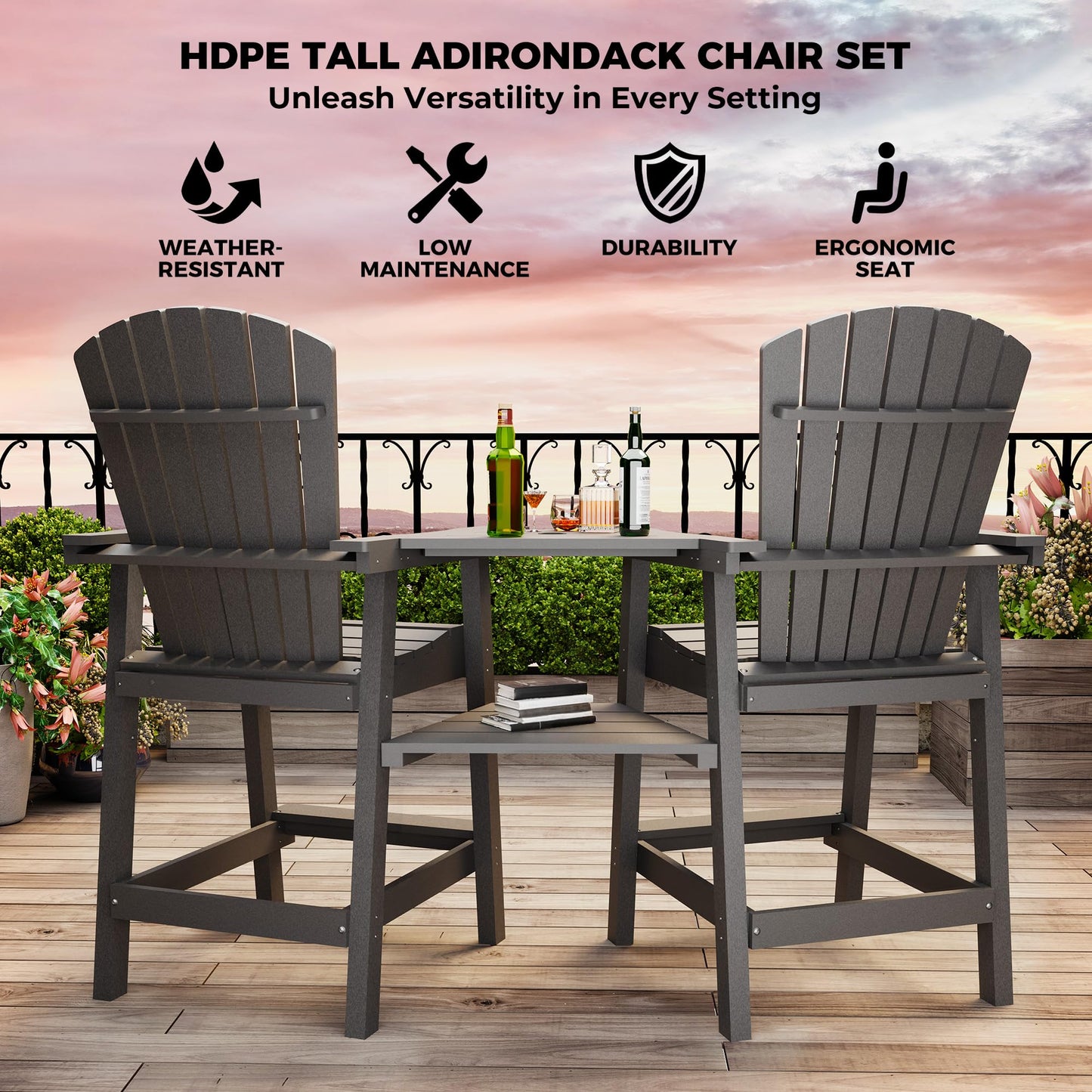 GAOMON Tall Adirondack Chairs Set of 2, Recycled HDPE Bar Height Patio Chairs with 2 Removable Connecting Trays & Umbrella Hole, Heavy Duty Outdoor Furniture for Deck, Backyard, Garden, Balcony, Grey