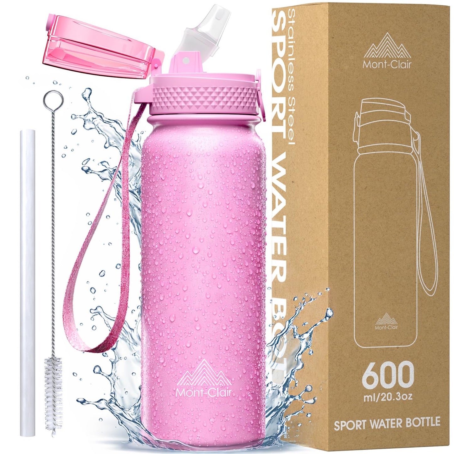 Mont-Clair Sport Water Bottle - 20oz Insulated Water Bottle with Straw - Patented Lid, BPA FREE, For Sports, Gym, Cycling, Bike - Quick Hydration - Pink