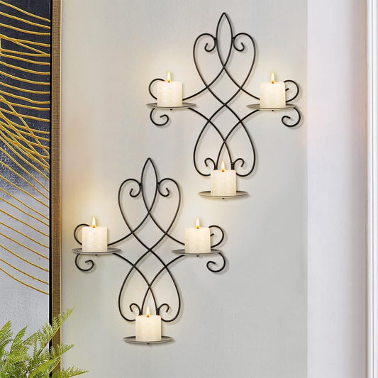AHUONEL Wall Candle Sconce Holder Set of 2, Metal Wall Sconces Decor Hanging Wall Mounted Candle Stick Holder, Black Candlestick Holders Wall Decor for Bedroom Living Room Dining Room, 14.4"×11.8"