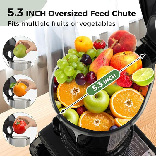 Cold Press Juicer, 5.3" Wide Feed Chute Easy to Clean Juicers w/Cleaning Brush & 2 Cups, 200W Power Motor Slow Masticating Juicer Machine w/High Juice Yield for Whole Vegetables & Fruits