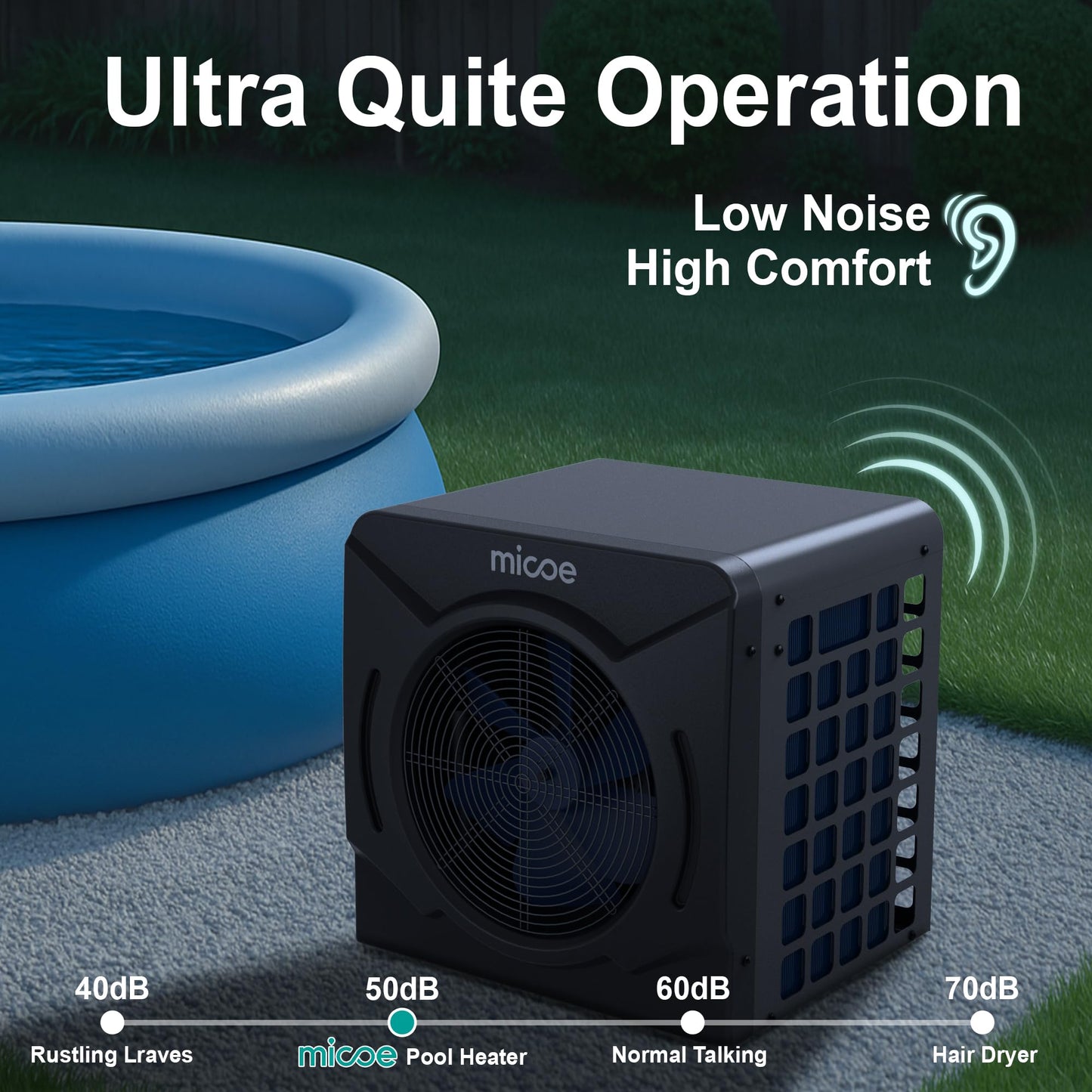 MICOE 17000 BTU Pool Heater for Above Ground, Swimming Pool Heat Pump Heating or Cooling, Titanium Heat Exchanger，Ultra Quiet 50dB, 120V with Easy Install Kit