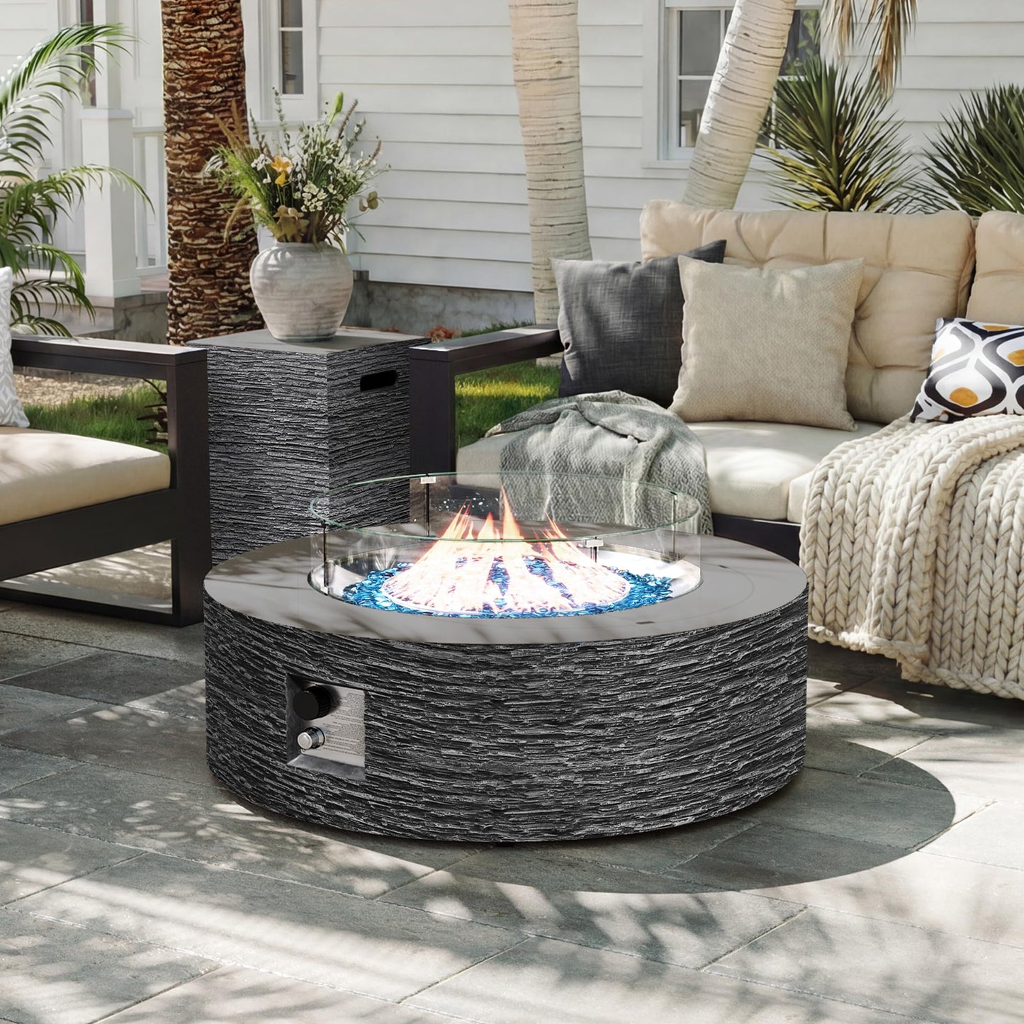 UPHA 42-inch Outdoor Propane Gas Fire Pit Table 50000 BTU Concrete Round FirePit for Outside Patio with Propane Tank Cover, Wind Guard, Blue Glass Rocks, Rain Cover, Grey