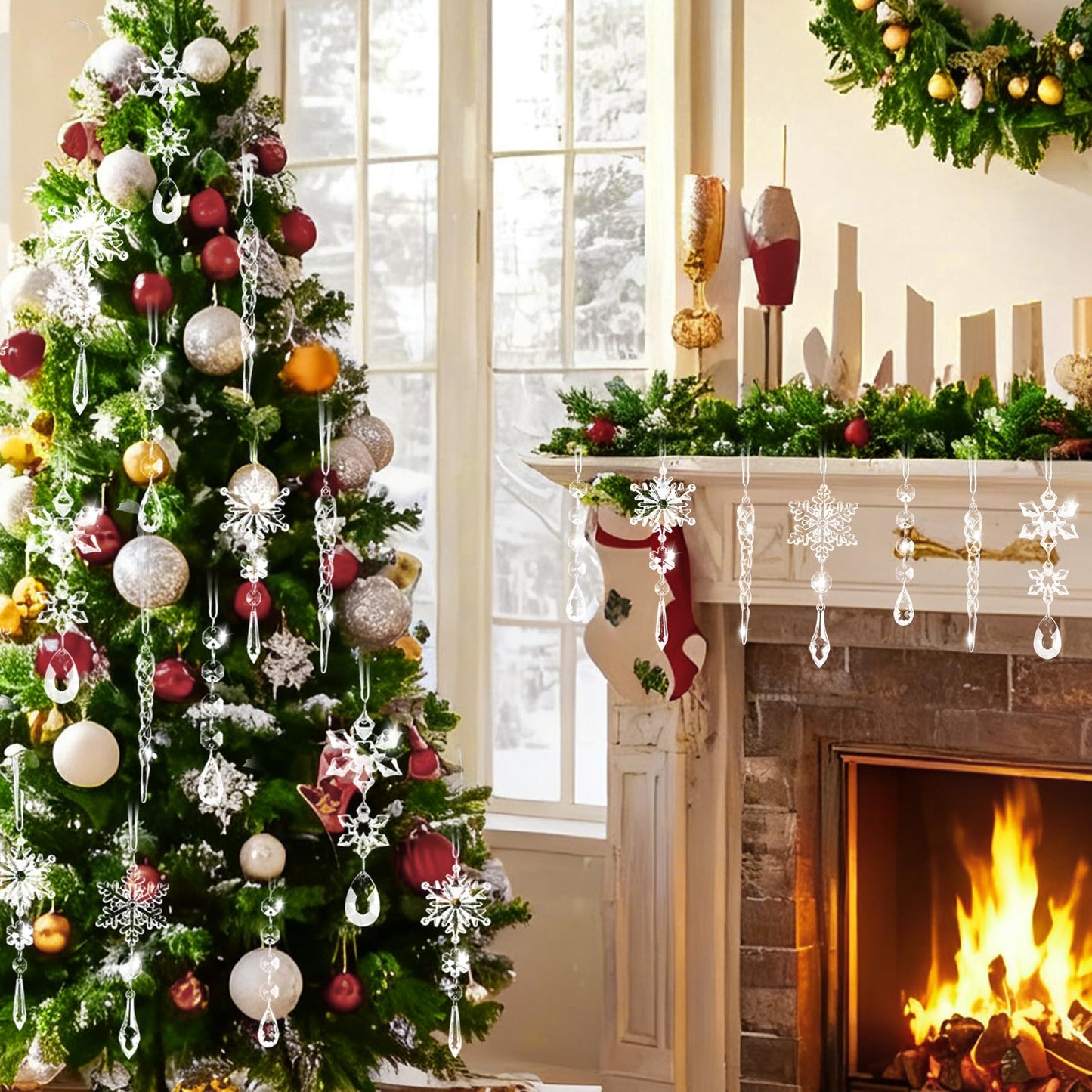 20pcs Christmas Ornaments Christmas Tree Decorations Hanging Acrylic Snowflake Icicle Crystal Ornaments with Drop Pendarts for Christmas Decorations Indoor Xmas Tree Winter New Year Party Supplies