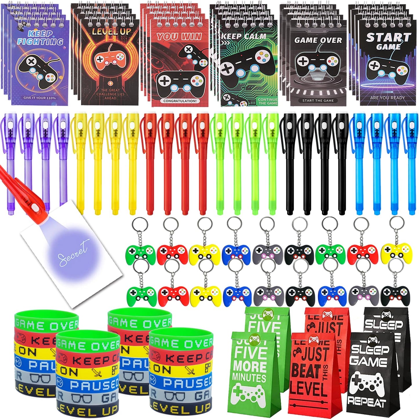 EODVICS 120 Pcs Video Game Party Favors for Kids - Goodie Bag Stuffers with Invisible Ink Pens, Mini Notebooks, Silicone Bracelets, Controller Keychains, Gaming Birthday Party Supplies