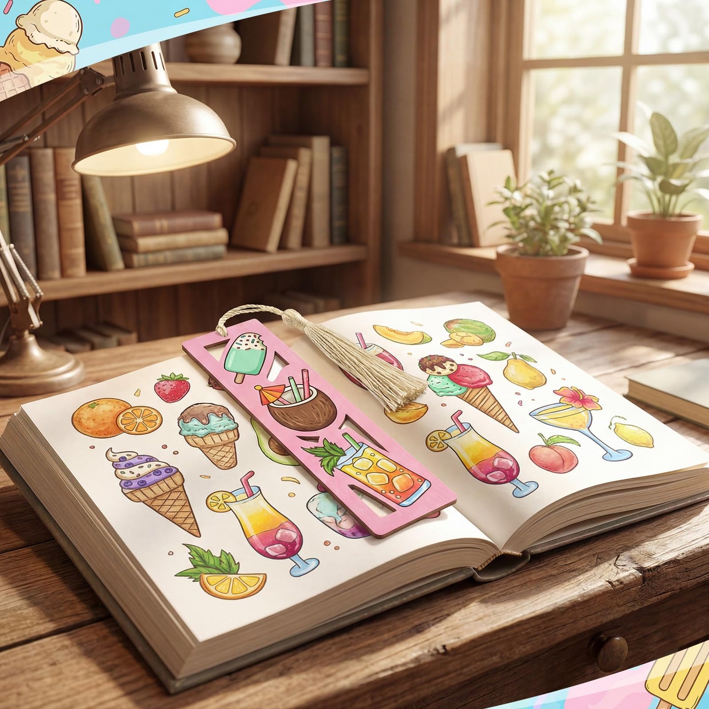 Yexiya 200 Pcs Ice Cream Color Your Own Bookmarks Kit, Summer DIY Coloring Blank Wooden Bookmarks, 100 Set Unfinished Bulk Hollow with Tassel Craft for Classroom Activities Birthday Party Favors Gift
