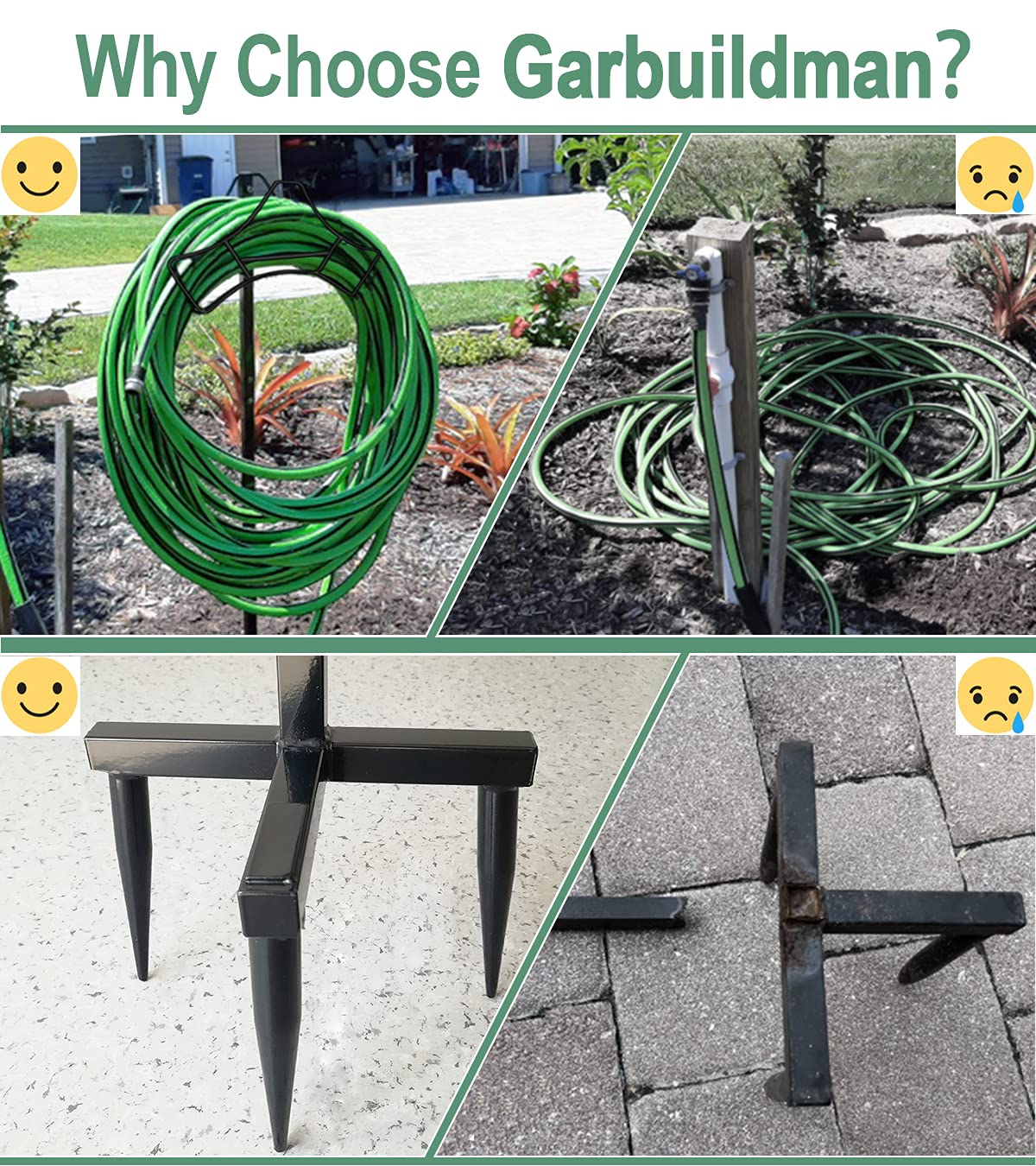 Garbuildman Garden Hose Holder with 3 Spikes, Freestanding Metal Hose Stand for Outdoor Garden, Detachable Hose Storage Rack for Lawn & Yard, Volcano Black