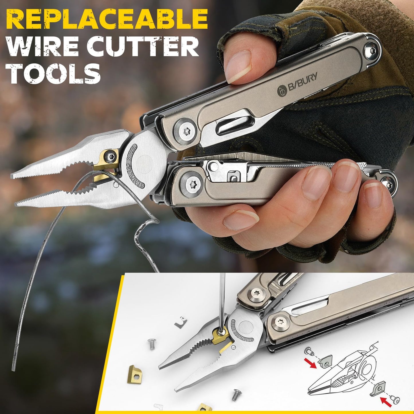 BIBURY Titanium Alloy Multitool with Damascus Knife, EDC Multi tools with Replaceable Wire Cutters, Scissors, Screwdriver Bits, Titanium Handle Multi-Tool for Camping, Survival, Repair - BI2049TI