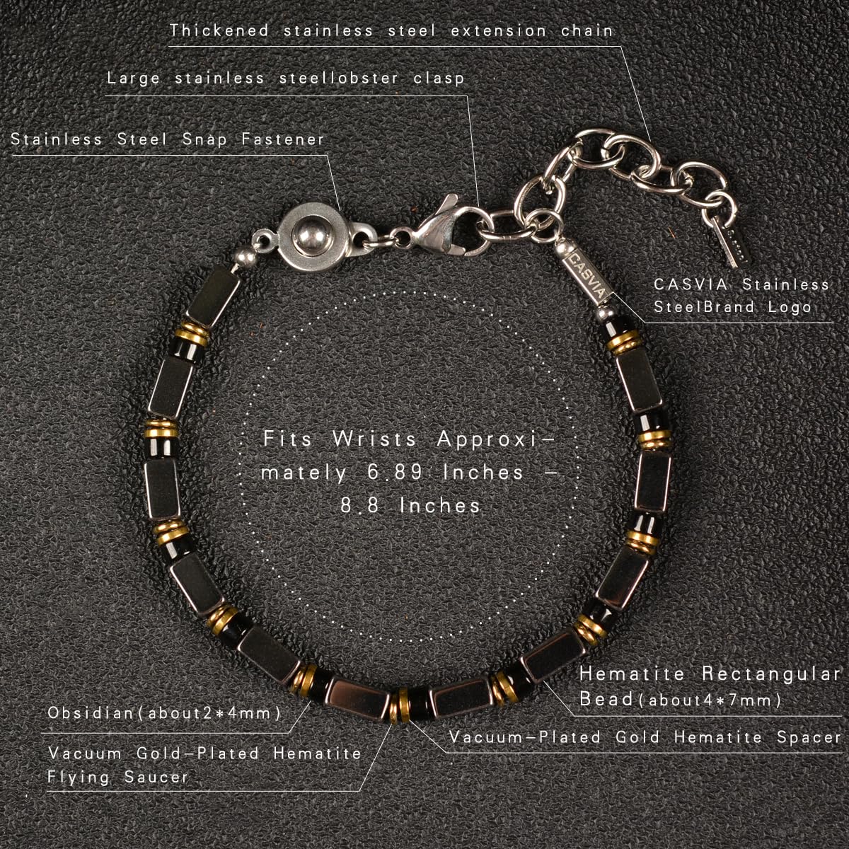 Casvia Hematite & Obsidian Bracelet for Men, GritChain Adjustable Stainless Steel Beaded Bracelet, Easy to Wear Chakra Jewelry, Ideal Gift for Dad, Husband, Boyfriend