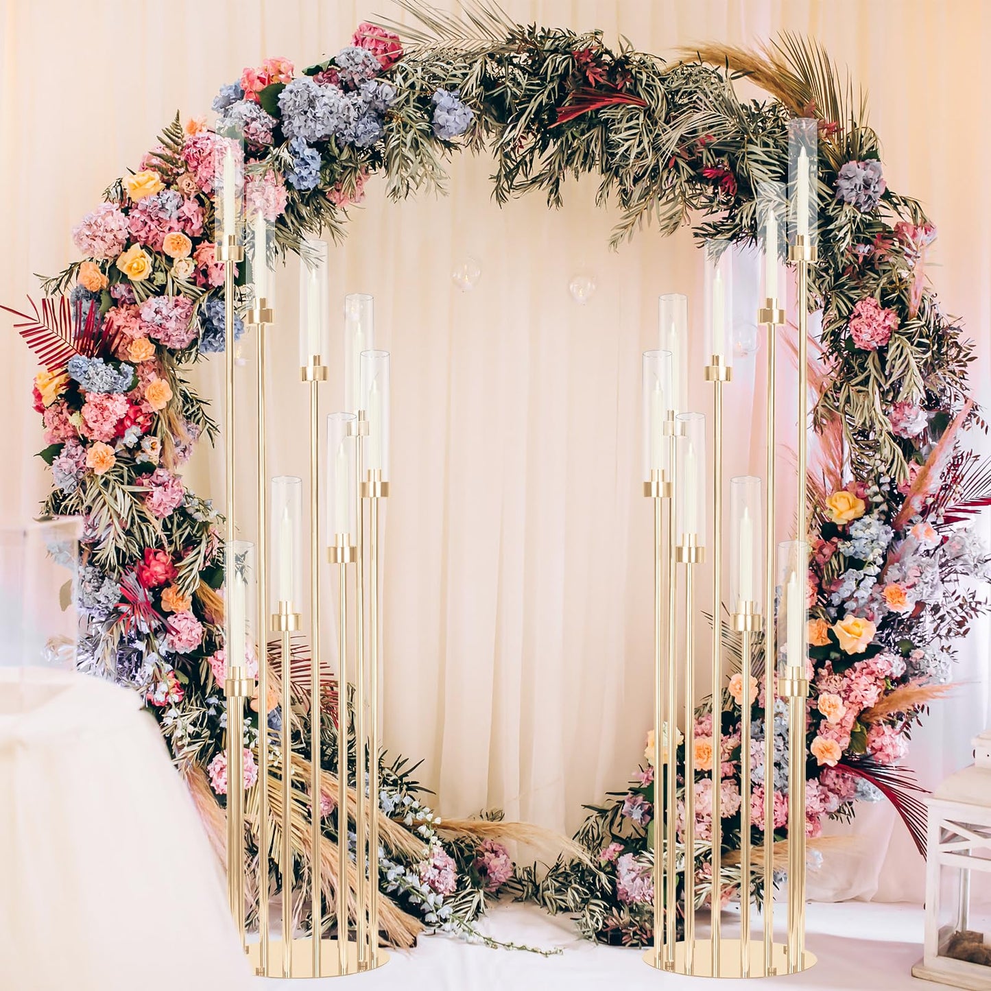 2 Sets Gold Candelabra,12 Arm Candlestick Holders with Acrylic Shades, 46'' High Large Floor Candle Holders for Wedding Centerpieces Table Decorations Fit 0.9" Candles and LED Taper Candles"