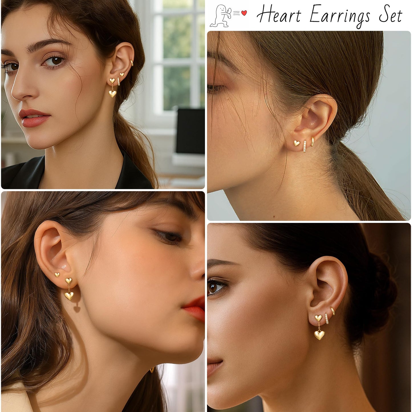 Best Valentine Gifts Heart Earring Sets for Women, Gold Heart Dangle Stud Hoop Earring Set for Multiple Piercing, Valentines Day Earrings, Valentine Jewelry Gifts for Wife Mom Girlfriend Friend