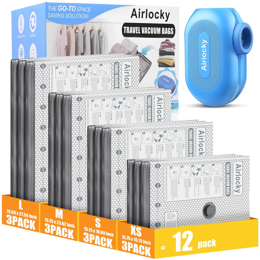 Airlocky Travel Vacuum Storage Bags with Pump, 12 Pack Carry-on Compression Packing Bags + Portable Electric Pump, 80% Space Saver of Clothes, Vacuum Seal Bags for Clothing Travel Luggage