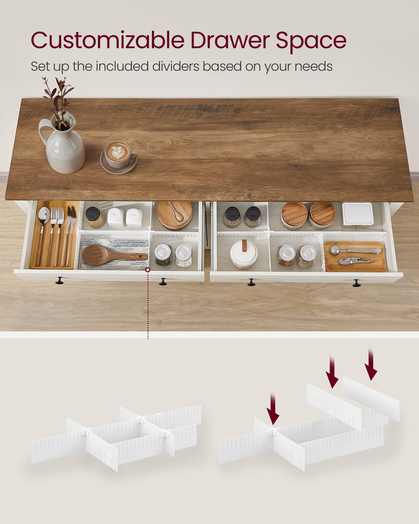 VASAGLE LIRY Collection - Buffet Cabinet, Coffee Bar Cabinet with 2 Drawers, Adjustable Shelves, Sideboard Storage with Cable Holes, Drawer Dividers, Rustic White and Honey Brown UBBK381W01
