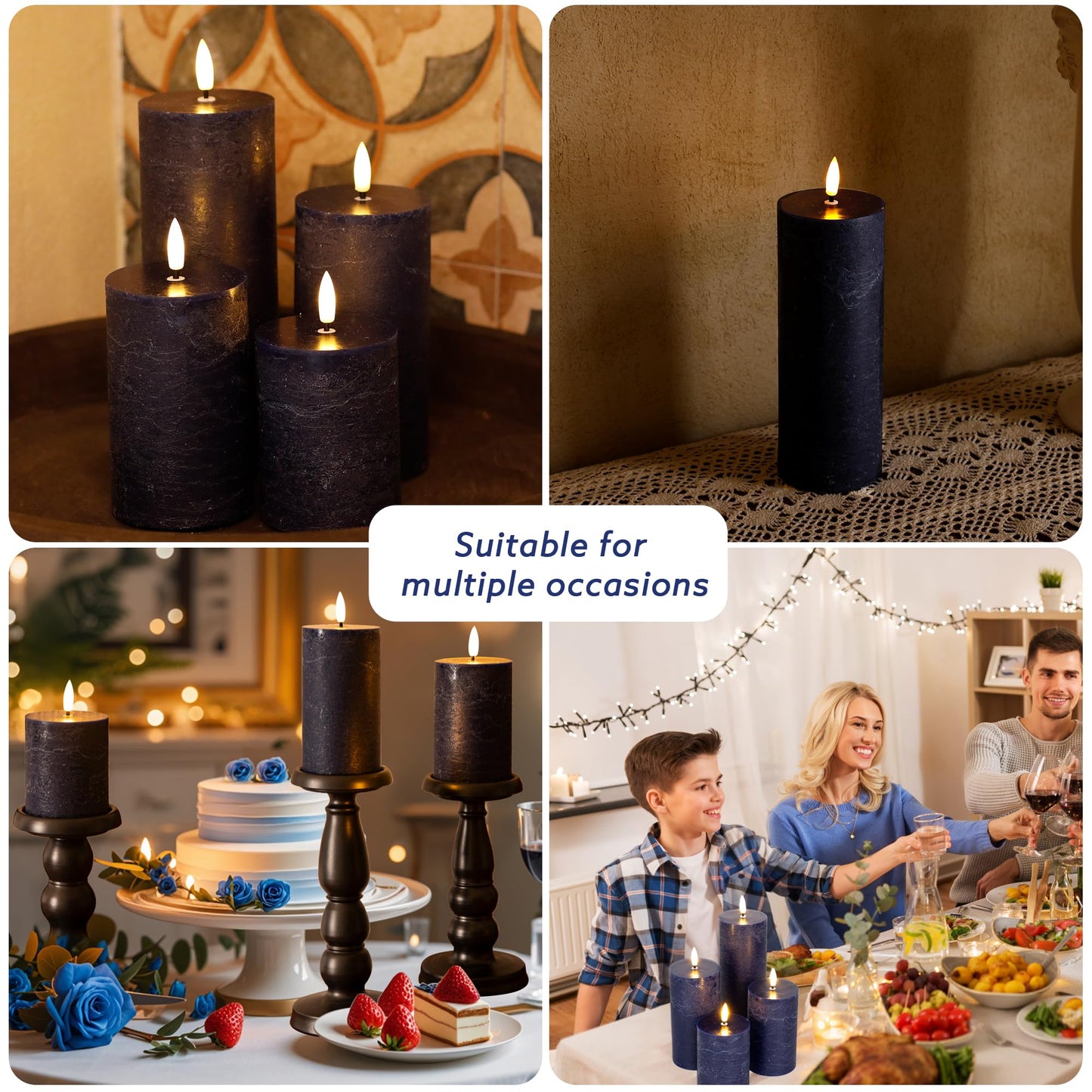 AFINETH Blue Flameless Pillar Candles, Battery Operated Candles with Remote, Real Wax Flickering LED Candles for Home Party Wedding Holiday Decor, Set of 4, Φ 3" H 4"" 5"" 6"" 8"""