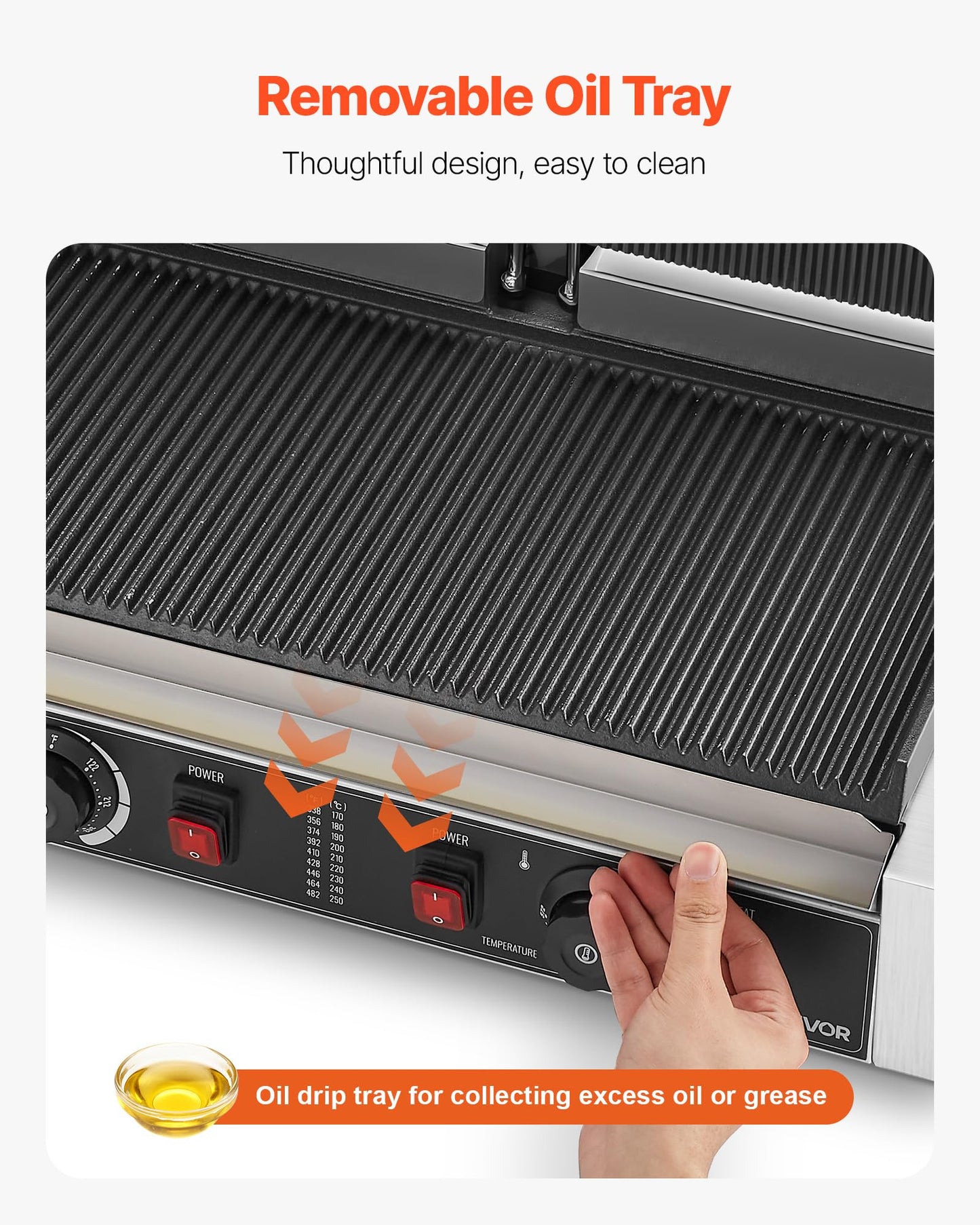 VEVOR Commercial Panini Grill, 3600W Electric Sandwich Panini Maker, Stainless Steel Double Sandwichs Press with Handle and Temp Control, 19x9 in Full Grooved Enamel Plate, for Hamburger Steak Bacon