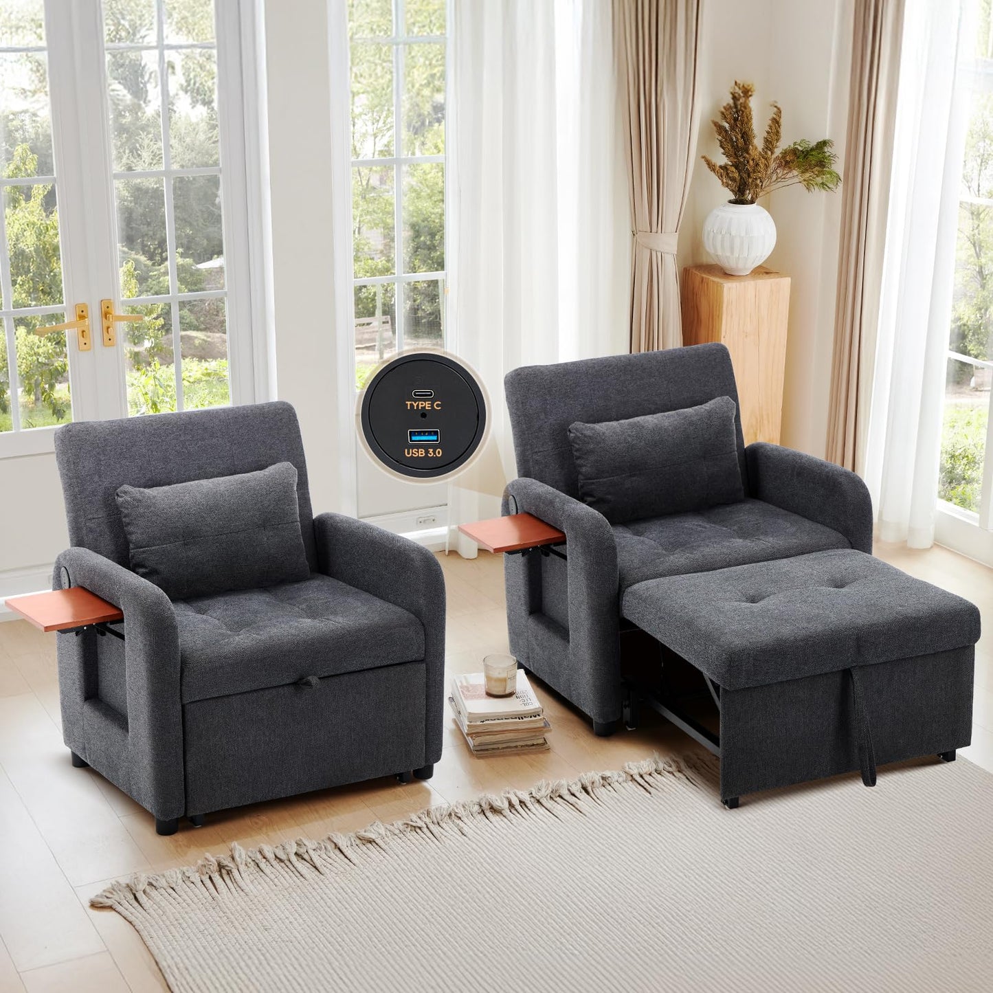 Convertible Sleeper Chair-Fabric Futon Sofa Bed, Single Sleeper Sofa, Small Couch Bed with USB Port, Foldable Table, Pillow, Adjustable Backrest for Dorm/Bedroom/College Darkgrey