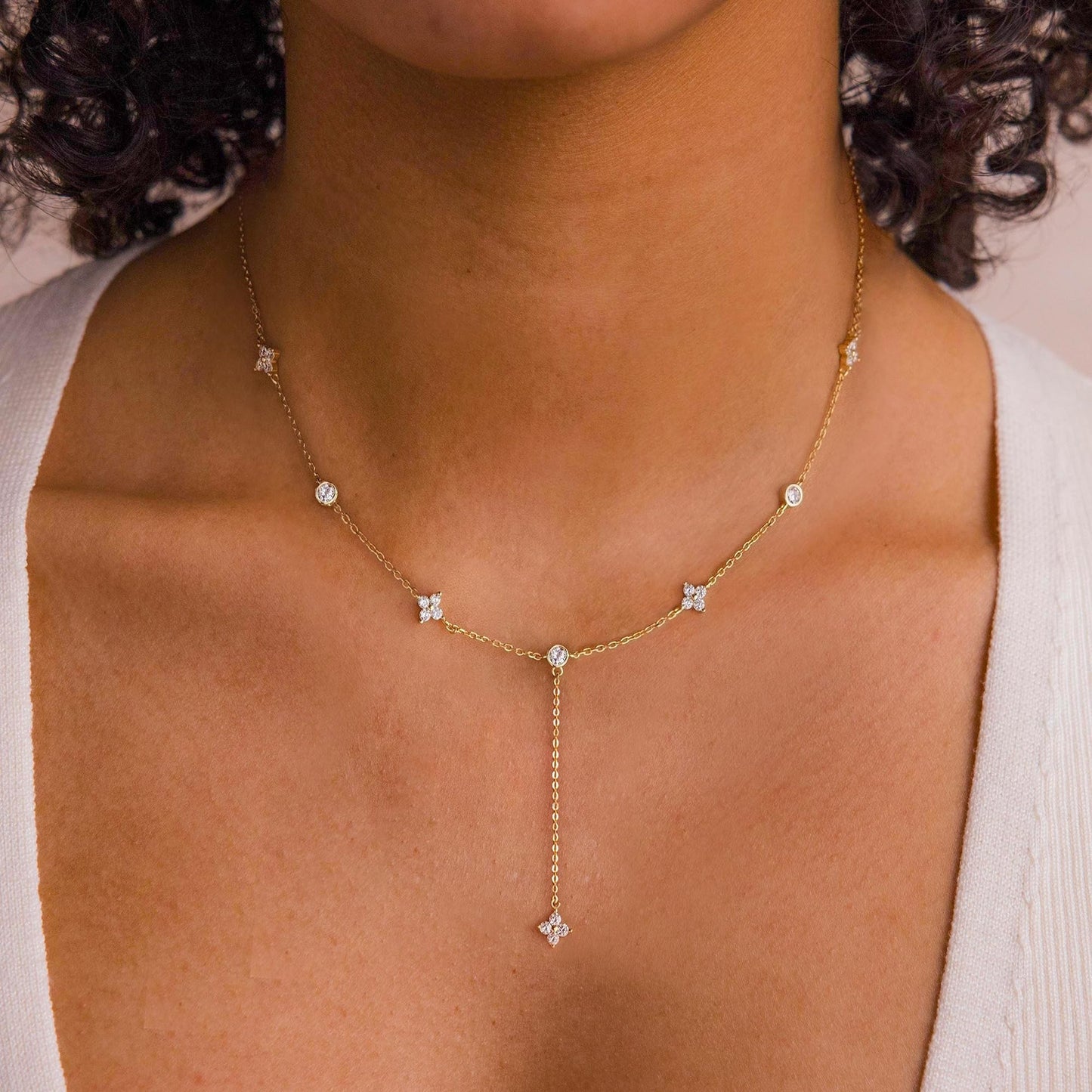 FUCJOEE Long Necklaces for Women Trendy - 14K Gold Plated CZ Clover Lariat Necklace Dainty Y Shaped Drop Necklace Cute Gold Choker Necklace for Women Party Prom Jewelry Teen Gifts