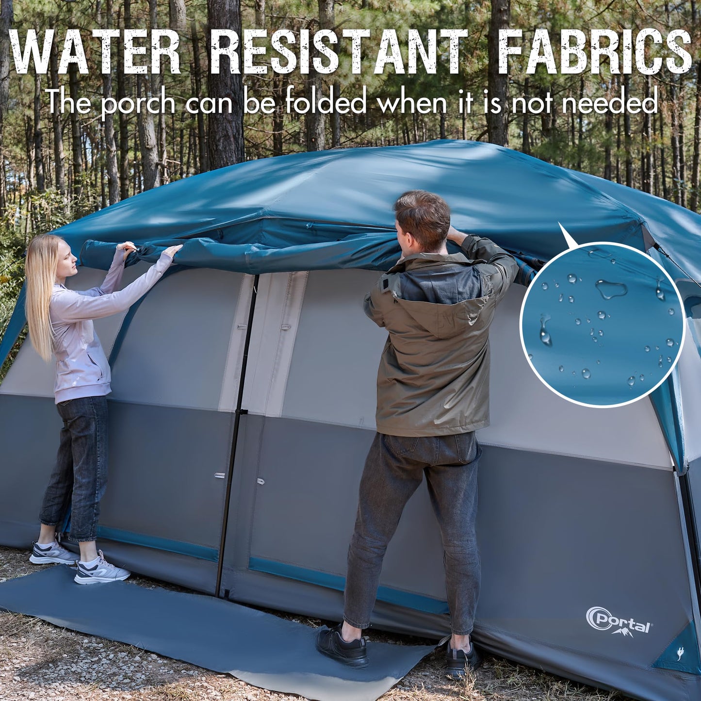 Portal 10 Person Camping Tent with Porch, Big Family Cabin Tent with 2 Rooms, 2 Doors, 2 Ground Vents, 6 Large Mesh Windows, Divided Curtain for Camping, Outdoor, Traveling, Water Resistant, Blue