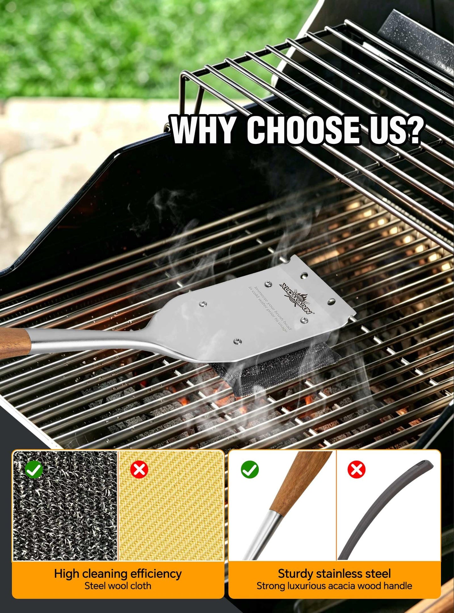 XUDKAKAIXIN Grill Brush Bristle Free,with 1 Replacement Head,Unique Steel Fibers Pad [Safe & Efficient] Perfect for Cast Iron/Stainless-Steel Grates-,Grill Cleaner for Outdoor Gril,Gifts for Men/Dad