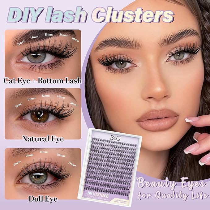 B&Q Venus Lash Clusters Invisible Band False Eyelashes Clusters Natural Cluster Eyelash Extensions Comfortable Individual Lashes Extension DIY Soft Eyelash Clusters （Venus-MIX8-18mm）