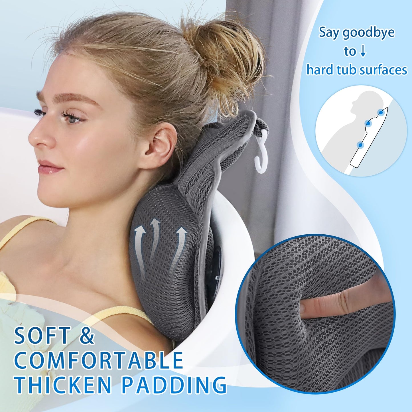 Poemland Bath Pillows for Tub, Luxury Bath Pillow Soft 4d Mesh, Bathtub Pillow with 6 Suction Cups, Ergonomic Bath Tub Pillows for Head and Neck, Bath Accessories for Women Relaxation Gifts (Grey)
