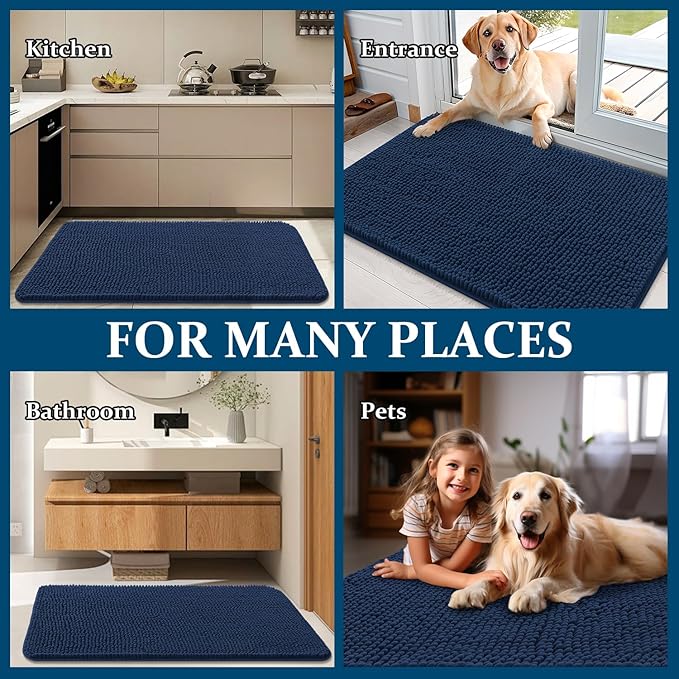 OLANLY Dog Door Mat for Muddy Paws 48x30, Absorbs Moisture and Dirt, Absorbent Non-Slip Washable Doormat, Quick Dry Chenille Mud Mat for Dogs, Entry Indoor Entryway Carpet for Inside Floor, Dark Blue