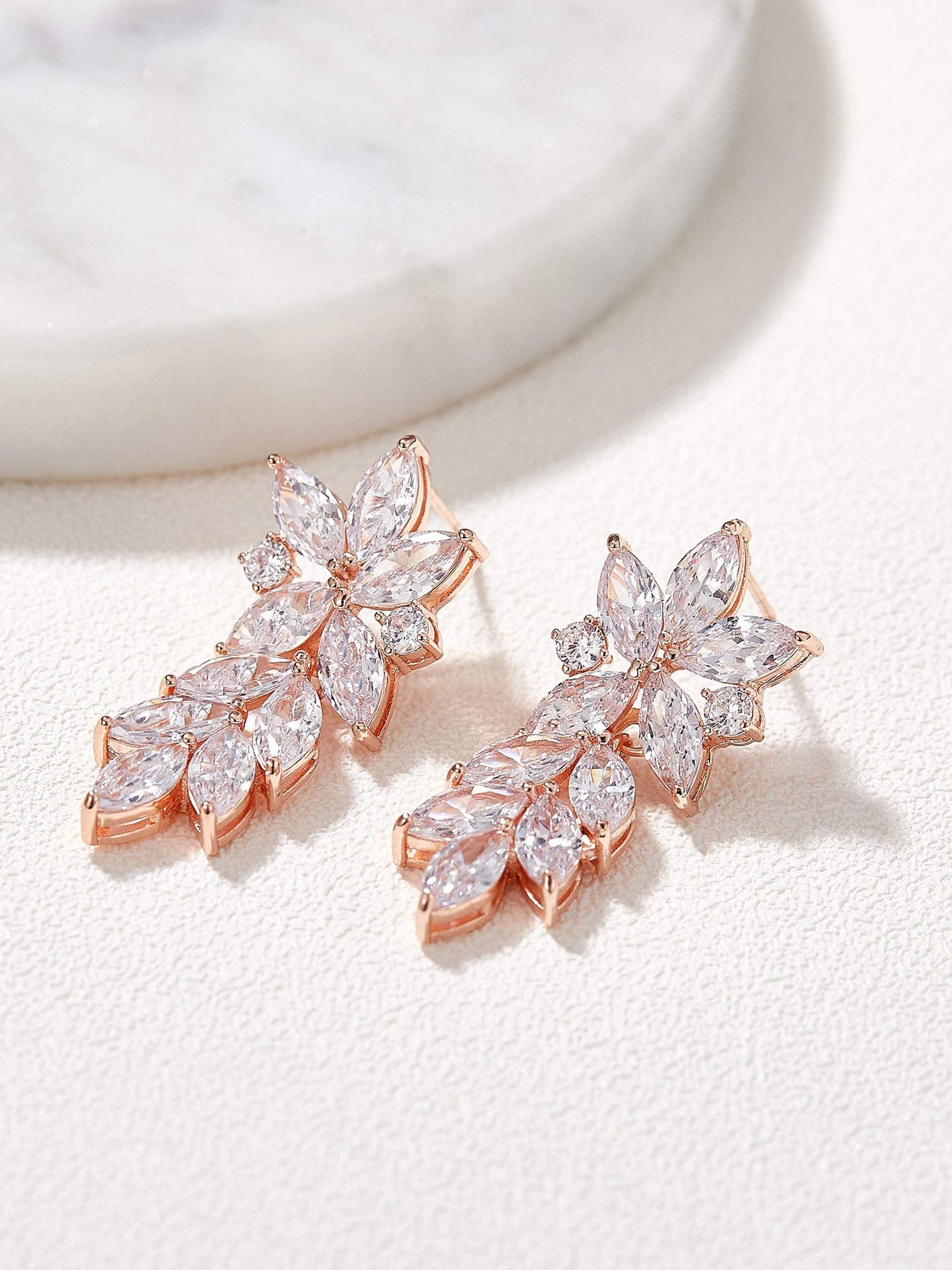 SWEETV Rose Gold Marquise Wedding Earrings for Brides, Bridal Bridesmaid Earrings for Wedding, Cubic Zirconia Dangle Drop Earrings for Women