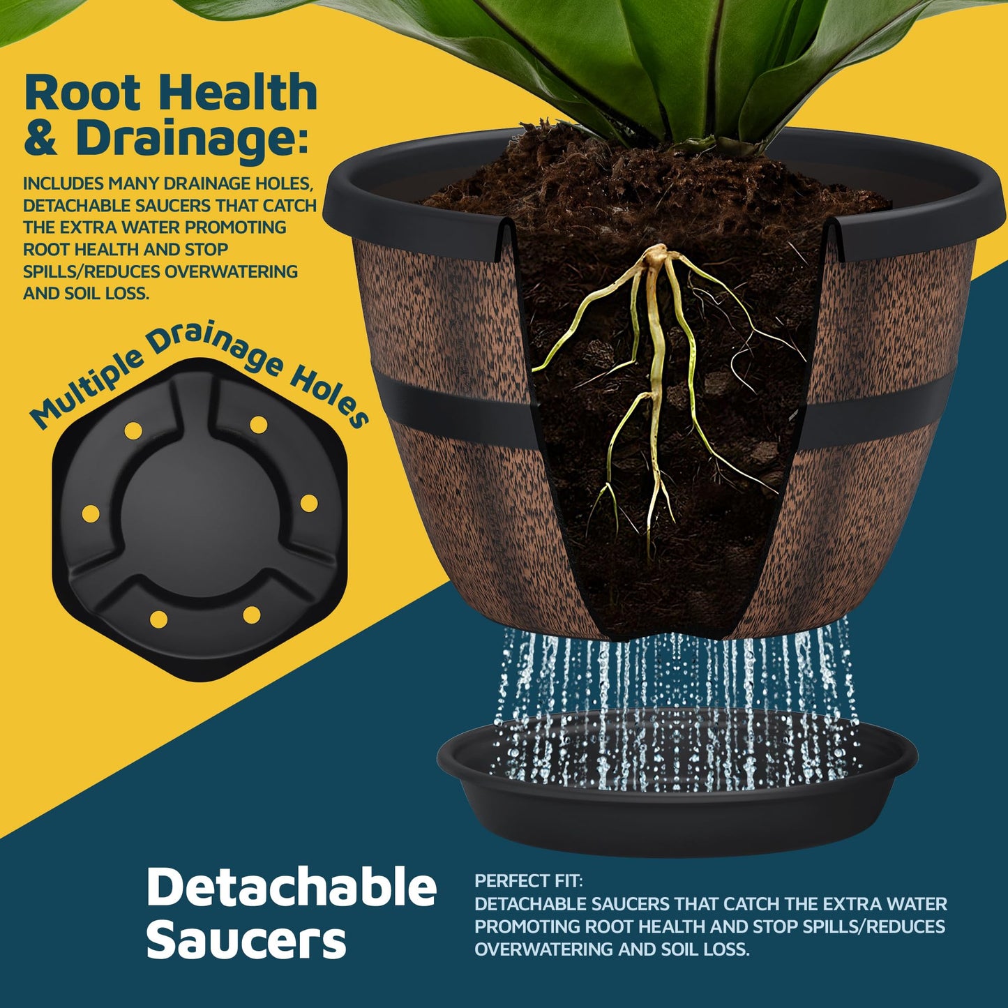 10-Inch Whiskey Barrel Planters Outdoor Pack of 25 - Durable Plastic Plant Pots for Indoor & Outdoor Use with Drainage & Saucer, Lightweight Rustic Barrel Planters for Flowers, Herbs & Small Plants