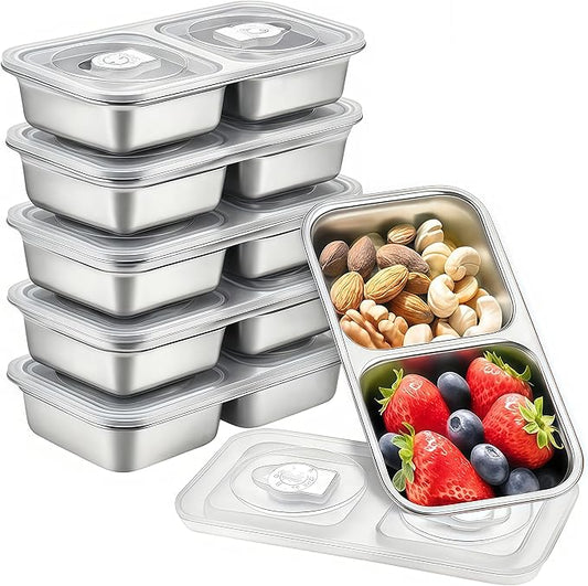 6 Pack Stainless Steel Snack Containers, 2 Compartment Reusable Metal Snack Boxes Containers with Leak-Proof Lids, Compact Lunch Box Food Storage Container