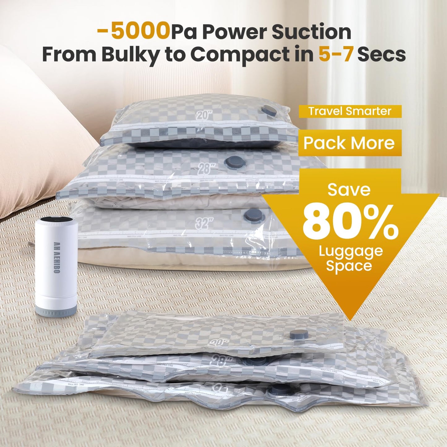 Vacuum Bags for Travel with Rechargeable Digital Display air Pump,15 PCS Combo Travel Size Vacuum Seal Bags for Luggage and Suitcase,Space Saver for Clothes,Home Storage