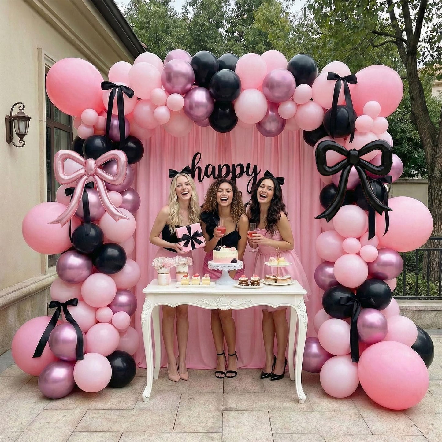 coquette birthday decorations 150pcs balloon garland arch kit with metallic purple pink black bow cake topper ribbon bow tie and mylar foil balloons for girls bachelorette party decorations