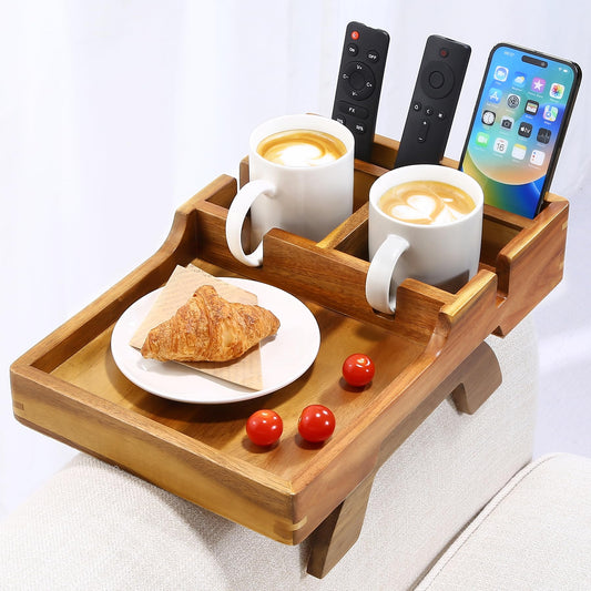 Acacia Wood Couch Arm Tray, 15.35"x9.85" Couch Armrest Table with Cup Holder, Foldable Desktop for Dual Use Sofa Arm Tray, with Non-Slip Feet