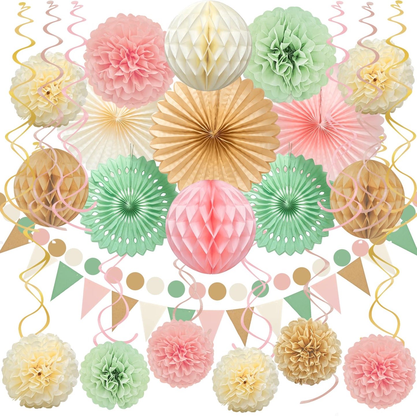 Ycitusi 33Pcs Boho Party Decorations | Sage Green & Peach Pink Photo Backdrop Set | Paper Fans, Tissue Pom Poms, Honeycomb Balls Garlands for Woodland Birthday, Neutral Baby Shower, Rustic Wedding