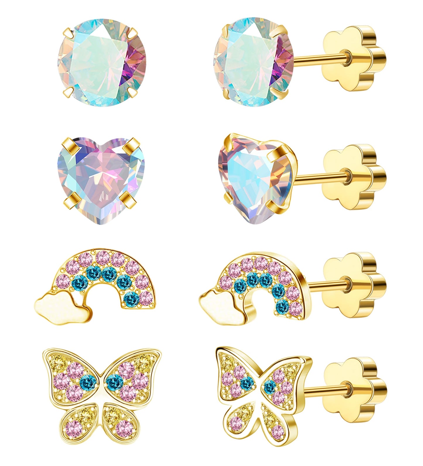 EQFE 4Pairs Hypoallergenic Earrings for Women14K Gold Flat Back Earrings 20G Screw Back Cartilage Earring for Sensitive Skin CZ Heart Butterfly 316L Stainless Steel Stud Earrings