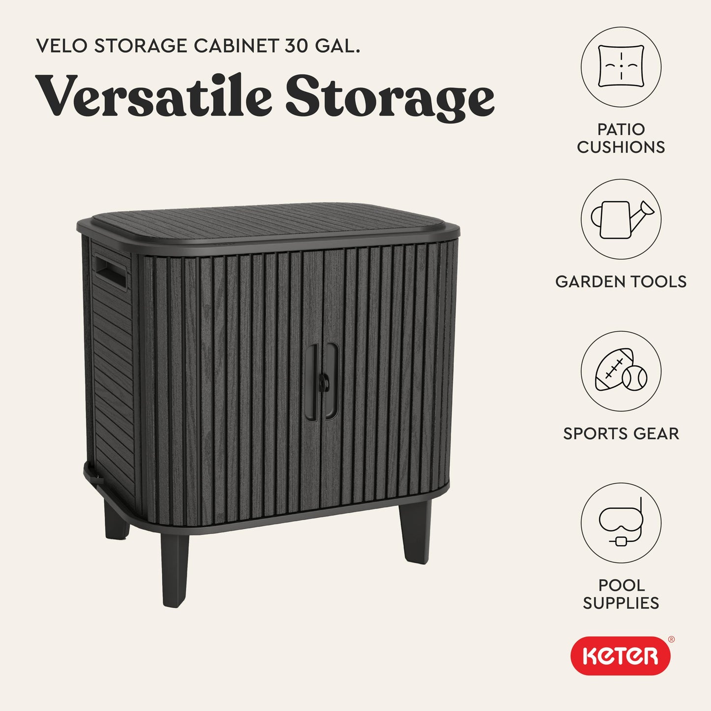 Keter Velo 30 Gallon Outdoor Storage Cabinet, Weather-Resistant Resin Deck Box with Steel Reinforcement, Lockable, Wood-Look Finish, Graphite
