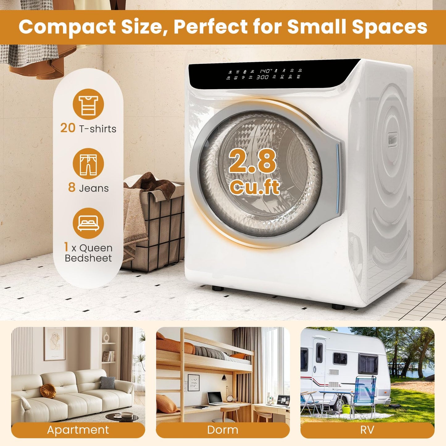 Auertech 2.8 CU. FT. Portable Dryers for Laundry, Compact Clothes Dryer with Stainless Steel Tub & Boot Dryer,1400W Dryer Machine, Electric Dryer with LED Control for Apartment, Dorm, RV, White