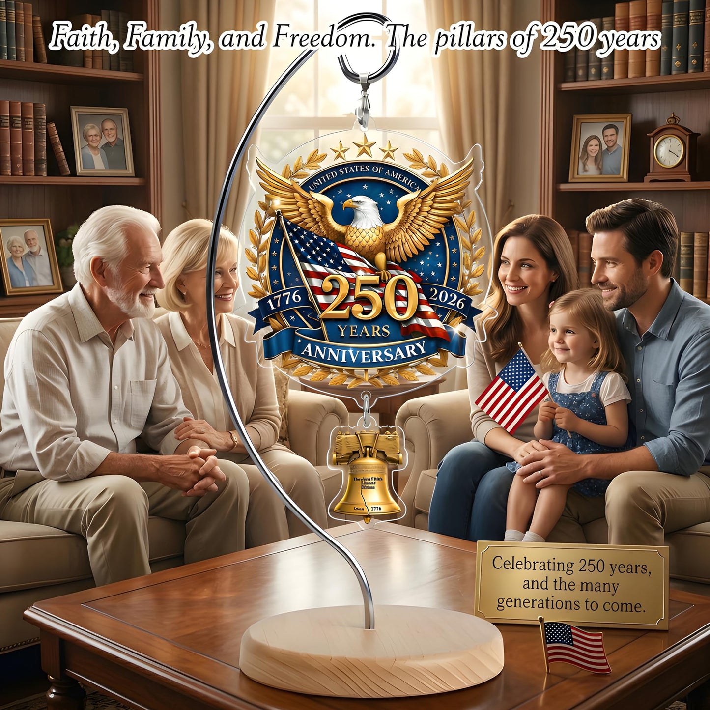 USA 250th Anniversary Tabletop Decor with Wooden Stand, American Patriotic Home Decor, Liberty Bell Ornament, 250 Anniversary USA Merchandise, Independence Day Desk Decoration, Gift for US Citizens